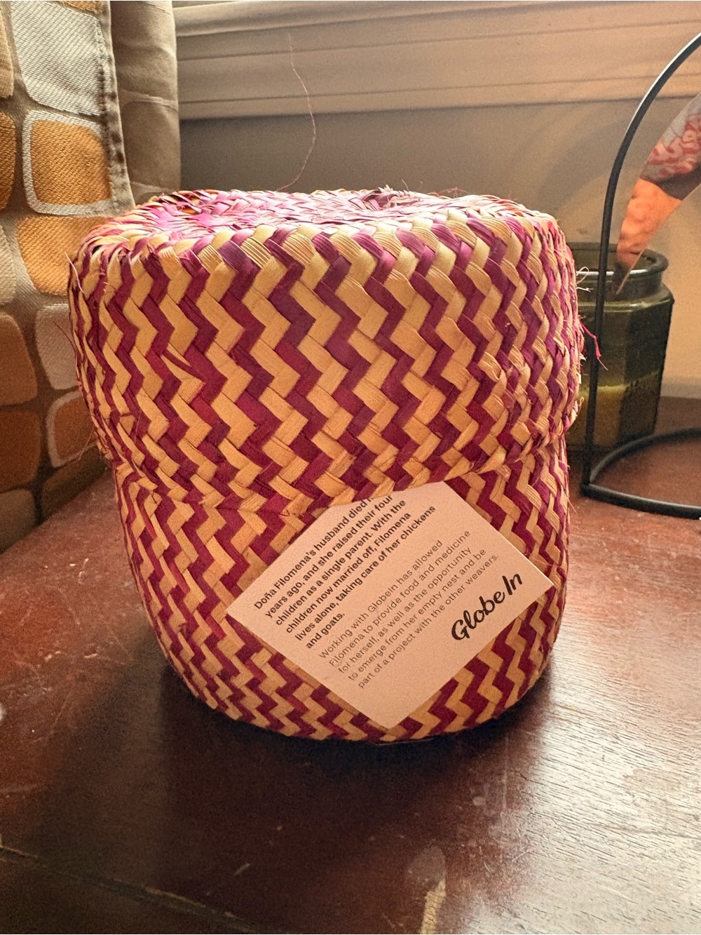 Globe Pink and Natural Woven Round Storage Jar with Lid